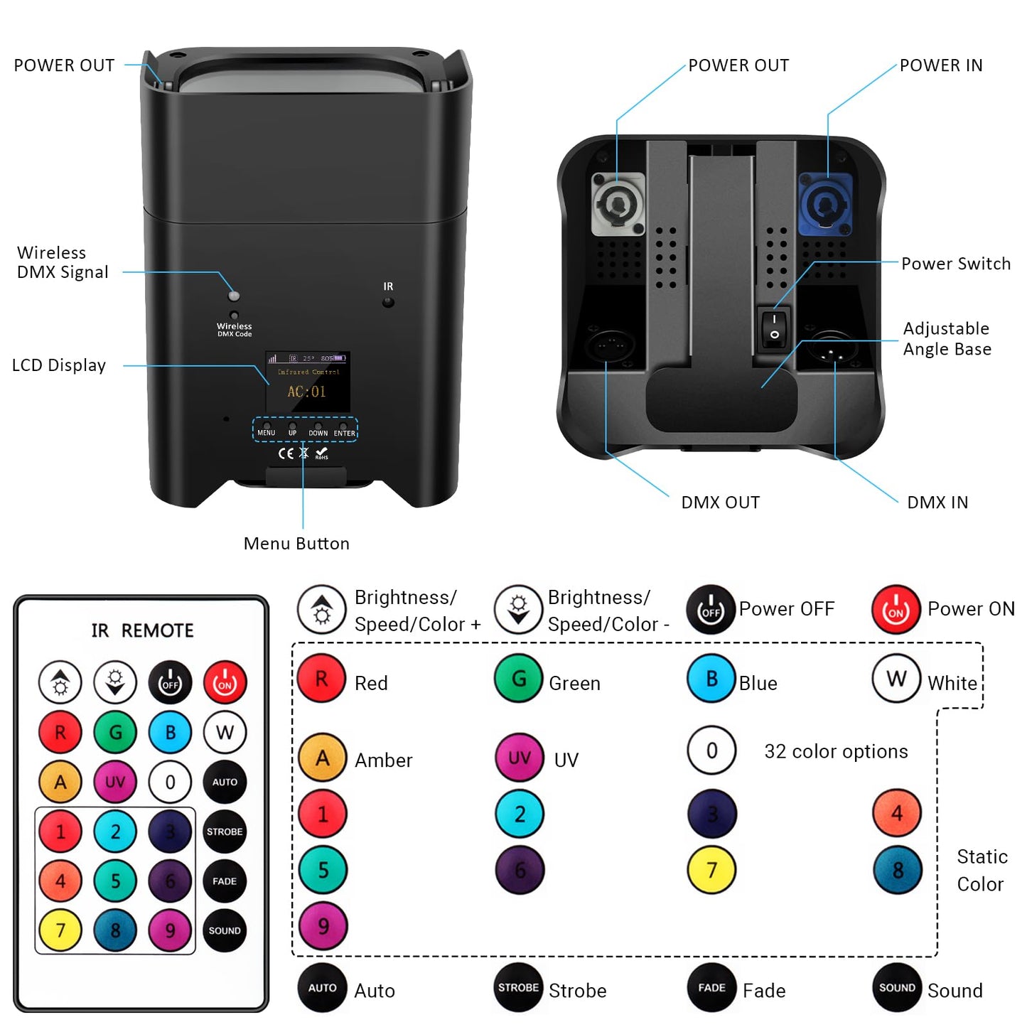 LaluceNatz 6LEDs RGBWAUV 6IN1 Battery Powered Wireless APP Control Stage Par Light with Remote