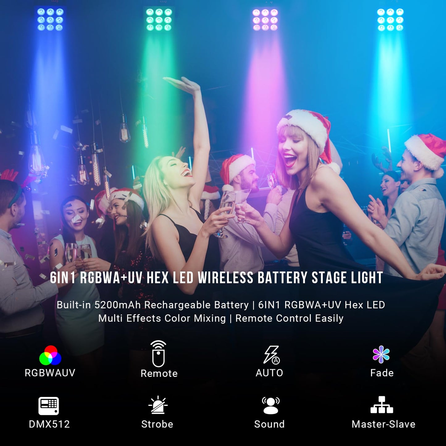 9x6W RGBWAUV 6in1 Wireless Battery Operated Rechargeable LED Par Light with Remote for Church Stage Lighting Wedding Uplighting