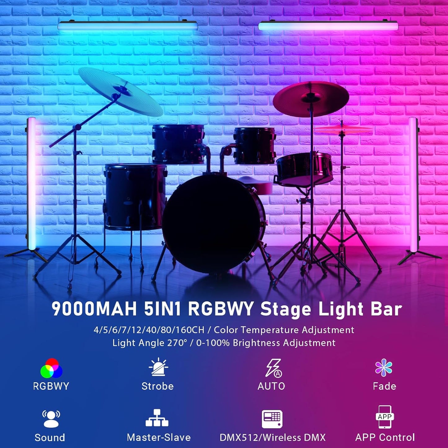 LaluceNatz 60W Battery Powered RGBWY 5in1 LED DJ Pixel Control Effect Light Bar with Detachable Tripod