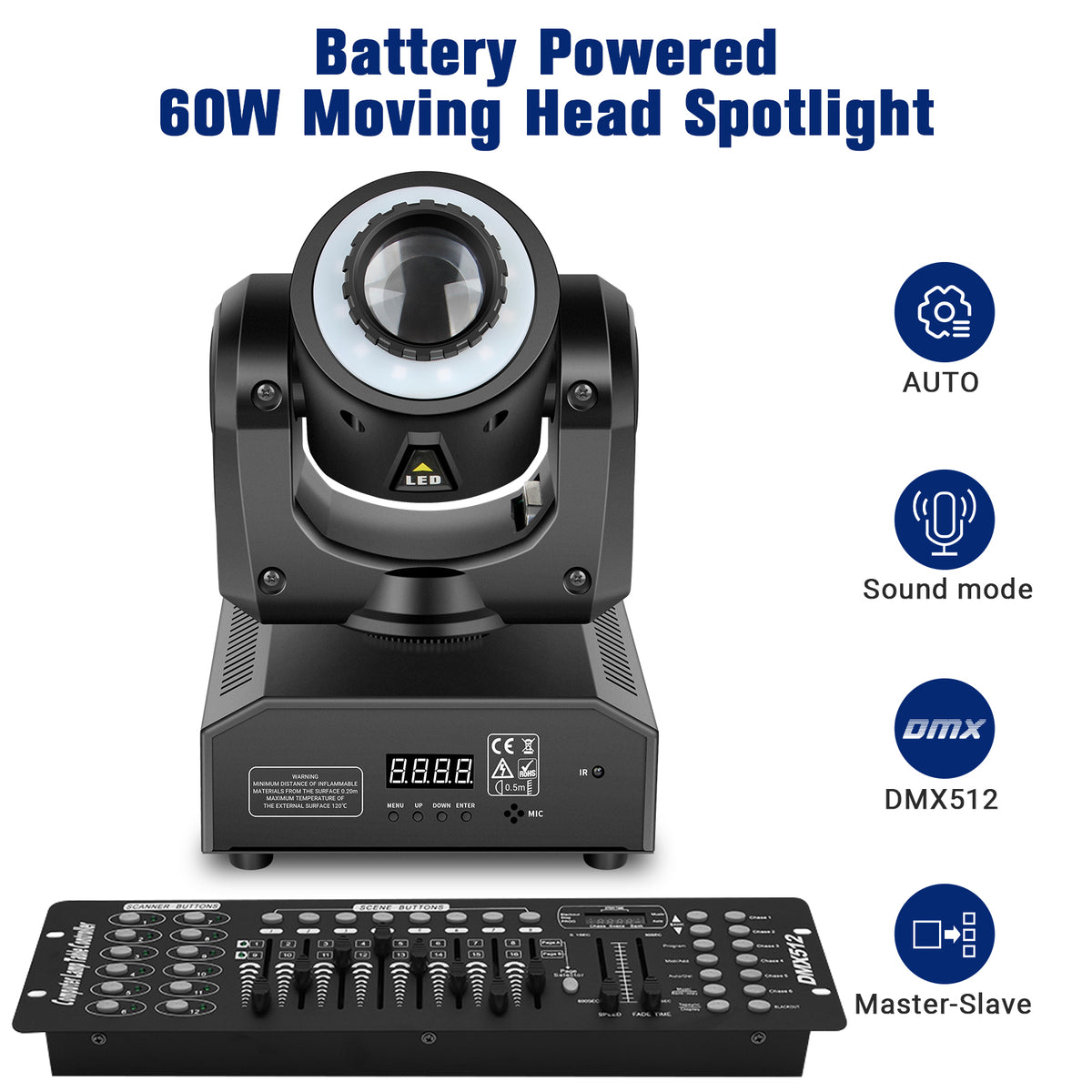 60W Battery Powered Rechargeable LED Moving Head Light with RGB Ring, Free  Shipping to US