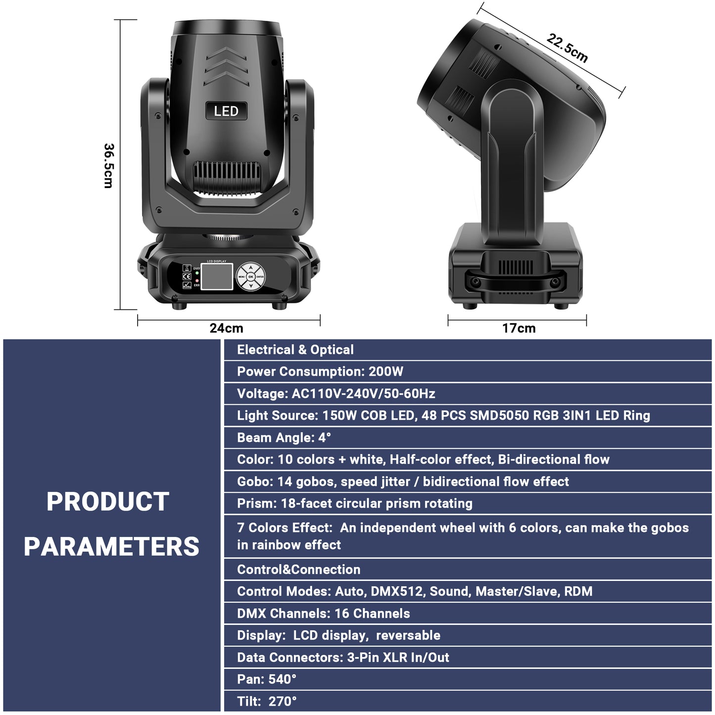 200W LED Beam Moving Head Light with Ring, Free  Shipping to US