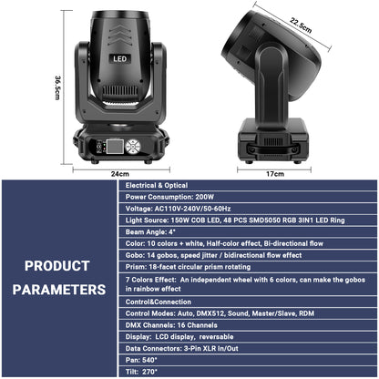 200W LED Beam Moving Head Light with Ring, Free  Shipping to US