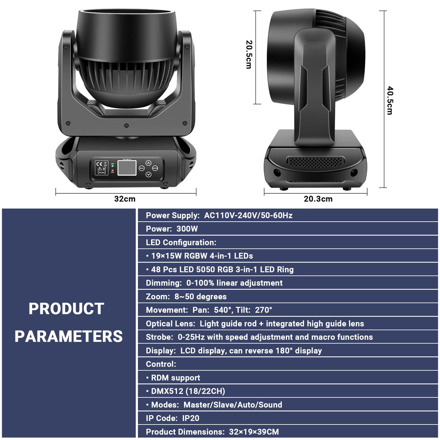 300W LED Zoom Moving Head Wash with Ring, Free  Shipping to US