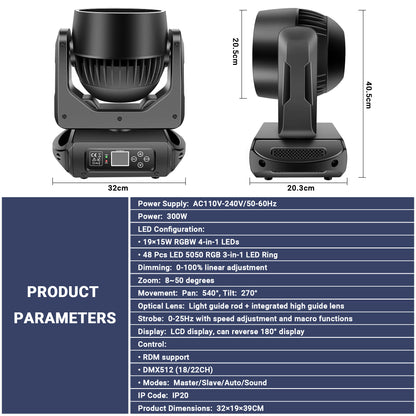 300W LED Zoom Moving Head Wash with Ring, Free  Shipping to US