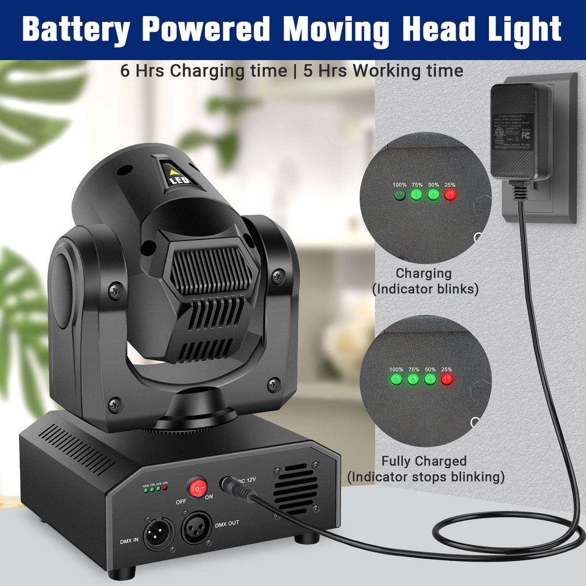 60W Battery Powered Rechargeable LED Moving Head Light with RGB Ring, Free  Shipping to US