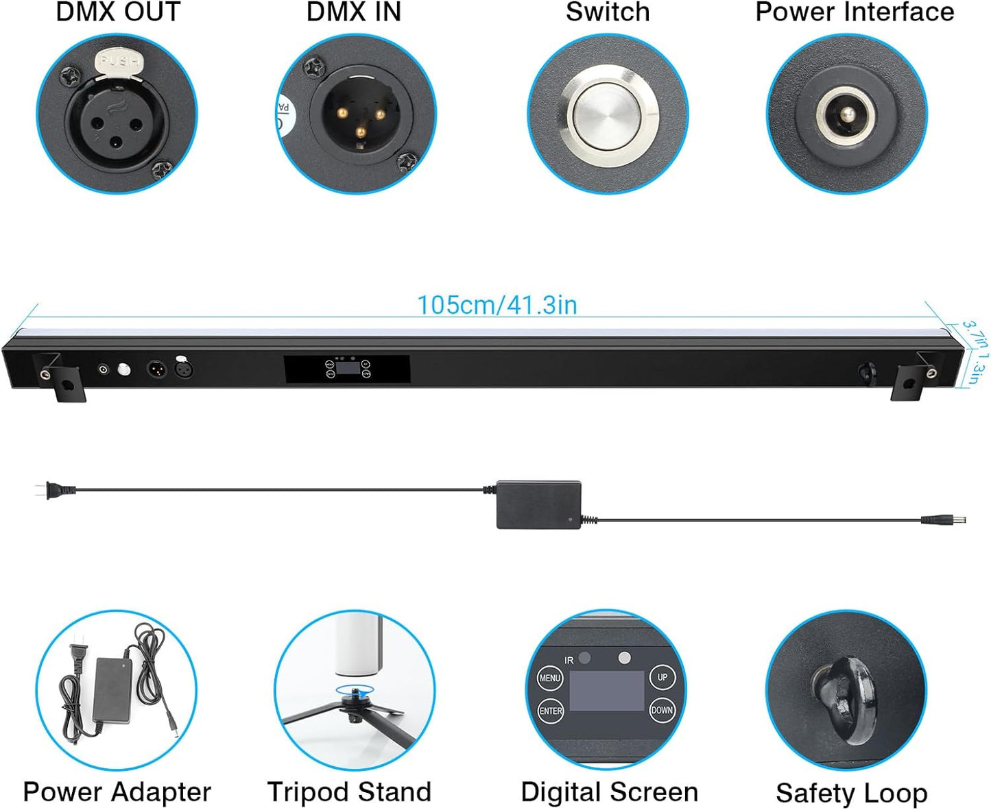 LaluceNatz 60W Battery Powered RGBWY 5in1 LED DJ Pixel Control Effect Light Bar with Detachable Tripod